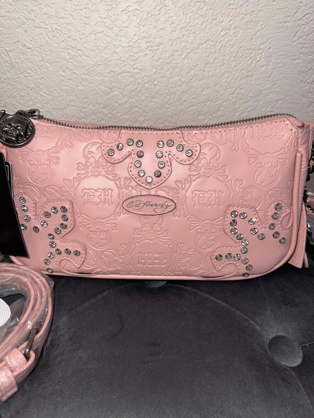 Ed Hardy Pink Embossed Studded Crossbody Bag NWT - Picture 2 of 7